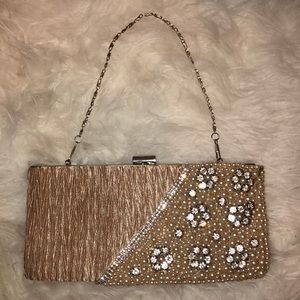 Nude & Gold Clutch w/ Rhinestone & Pearls